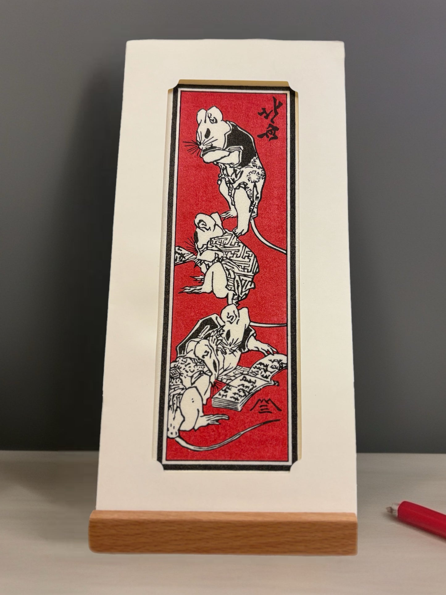 浮世繪札　北齋漫畫　鼠的隱藏村莊・紅　直仁作 | 浮世絵札　北斎漫画　鼠の隠れ里・赤　直仁作
