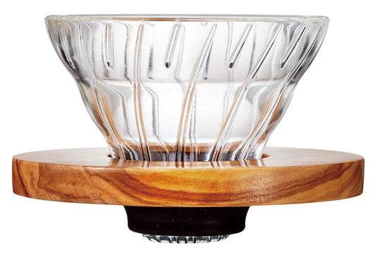 【HARIO】HARIO V60 01 耐熱玻璃手沖咖啡濾杯 橄欖木握架 VDGR-01-OW | HARIO V60 Glass Dripper Olive Wood VDGR-01