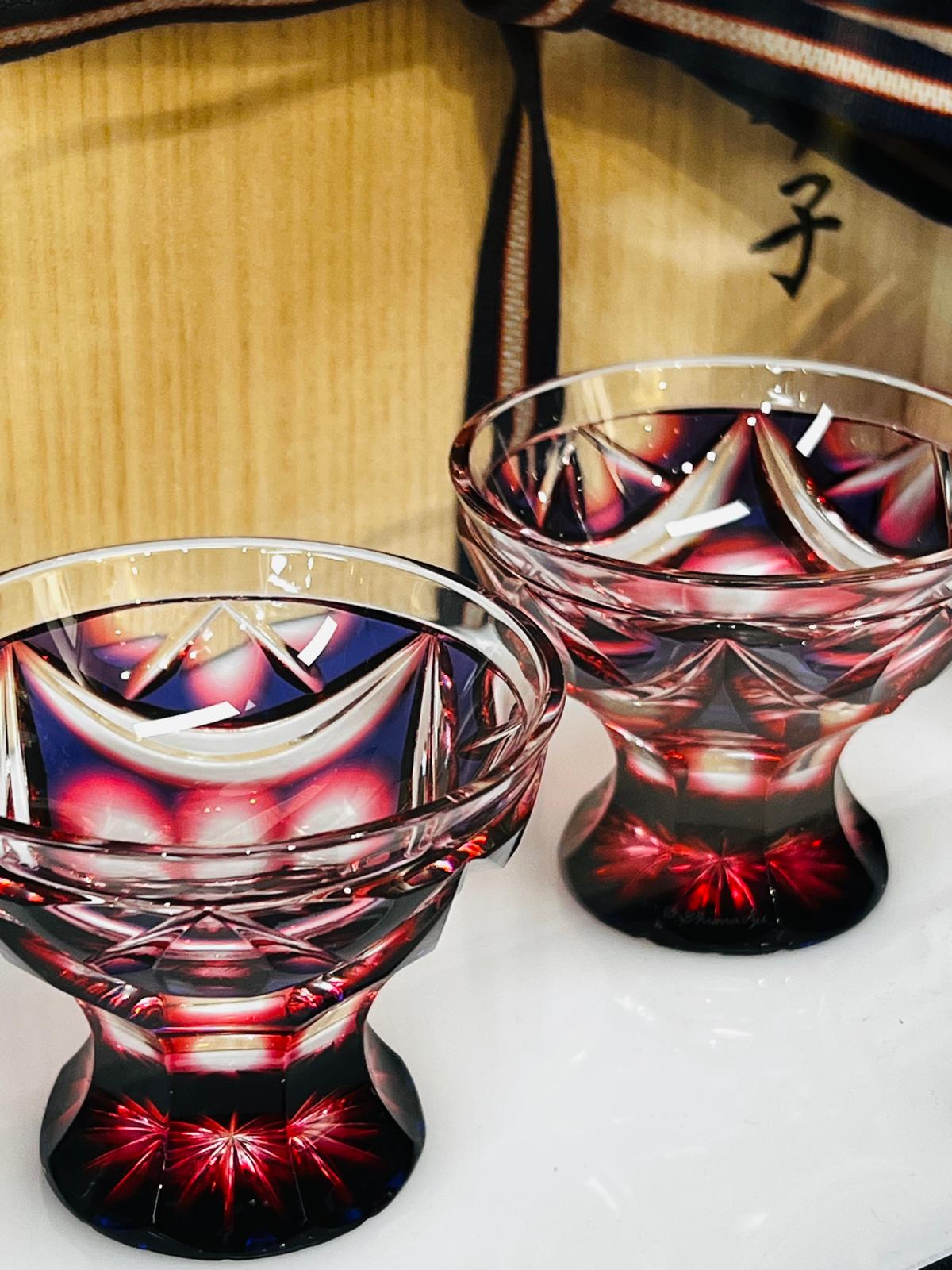薩摩切子 - 二色衣腳付盃 | Satsuma Kiriko - Sake Cup