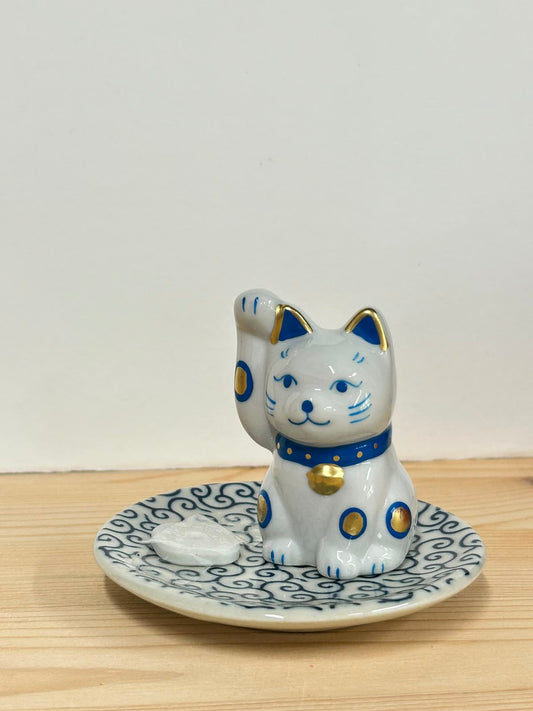 作舍 瀬戸焼招財貓香立。青 | Craftman House Seto Ware Lucky Cat Incense Stand - Blue