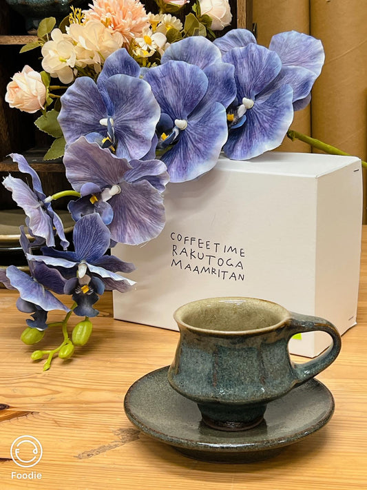 樂久登窯 咖啡杯連碟 (藍杏) | Rakutogama Coffee Cup with Saucer Set (Navy Blue Beige)
